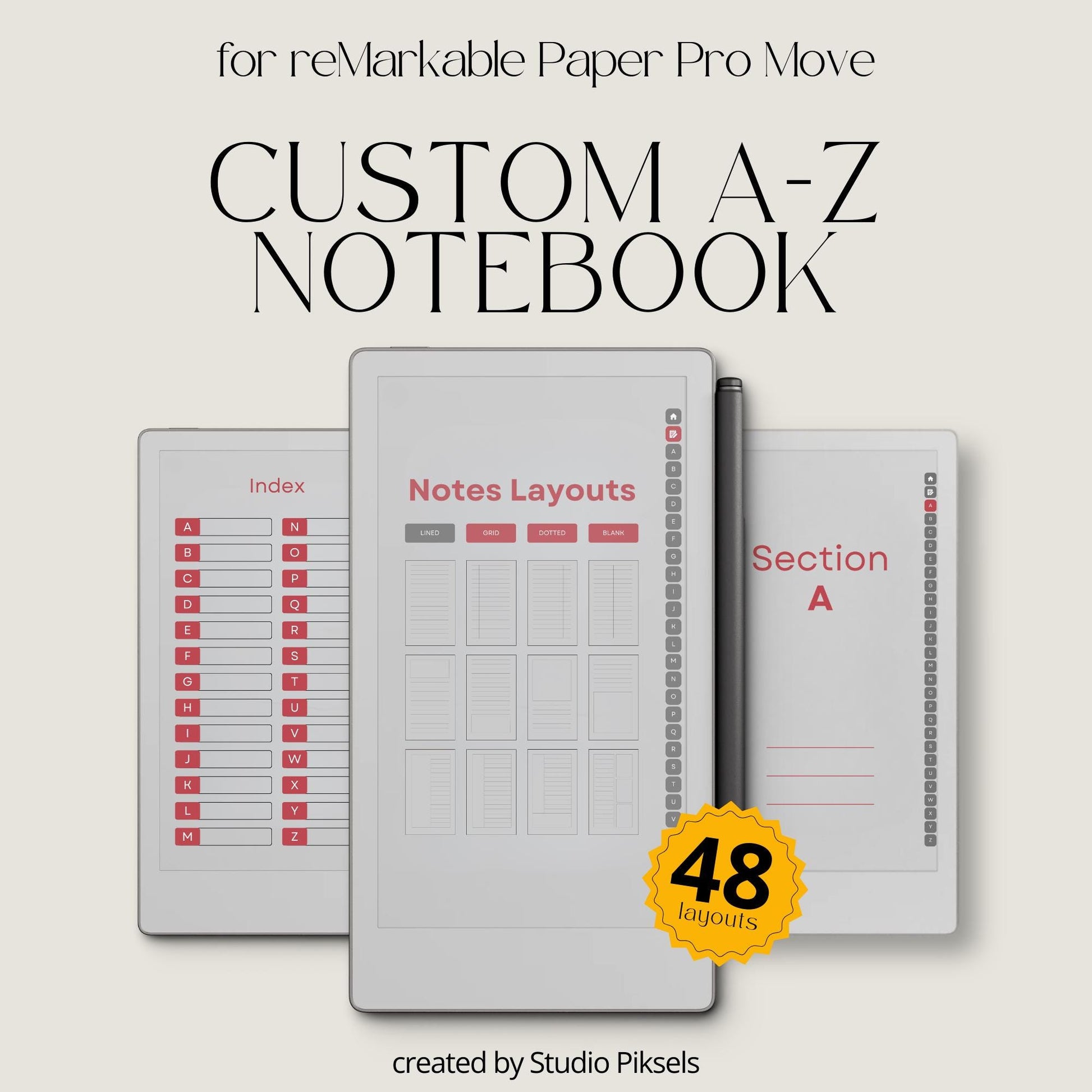 Premium A–Z hyperlinked notebook for reMarkable Paper Pro Move with lined, grid, dotted, and blank digital note layouts