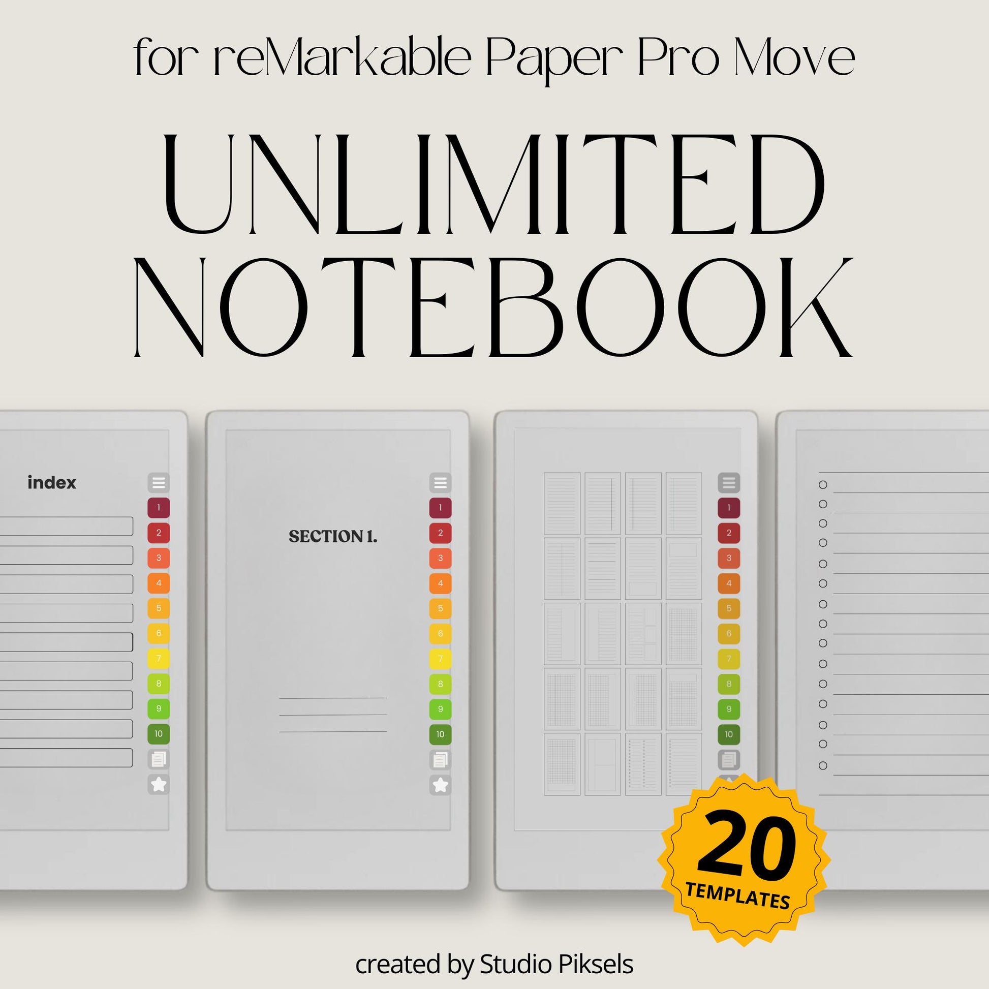 Custom notebook for reMarkable Paper Pro Move with hyperlinked index, note templates, and unlimited reusable pages.