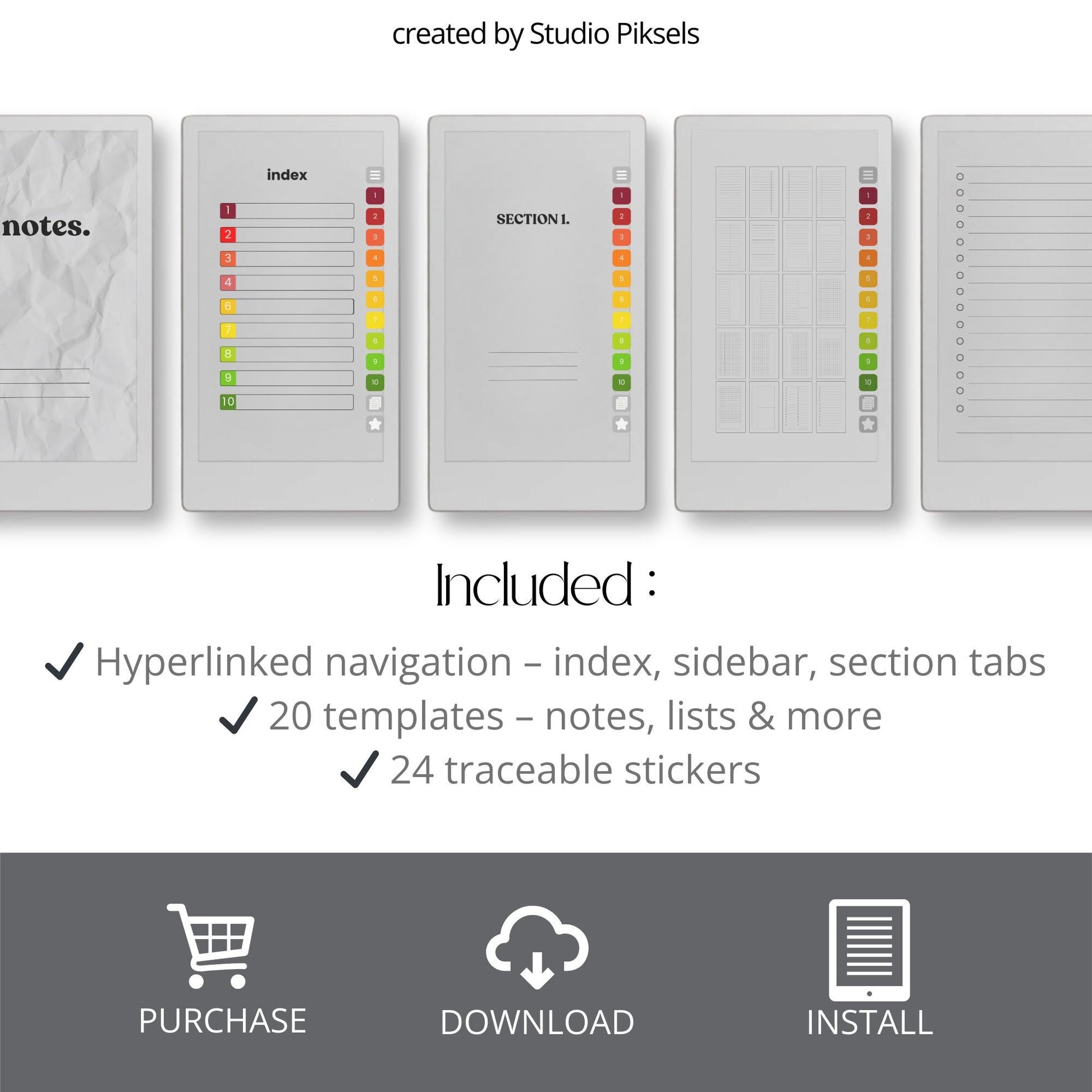 Custom notebook for reMarkable Paper Pro Move with hyperlinked index, note templates, and unlimited reusable pages.
