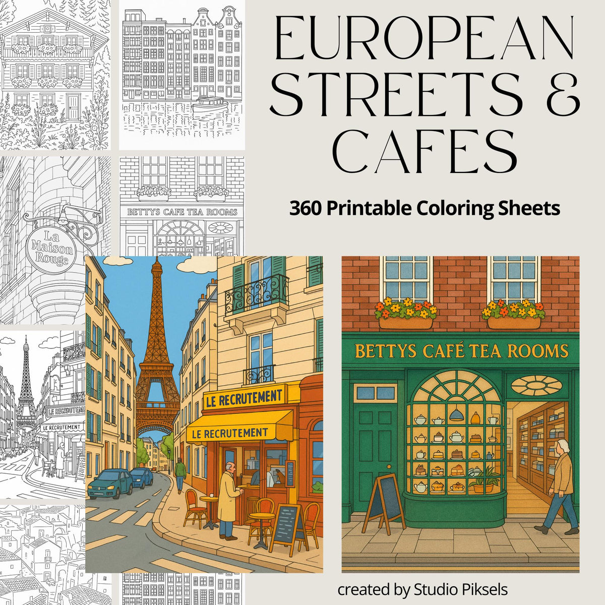 Printable Europe Travel Coloring Book Bundle featuring Paris, Italy, and France coloring pages for adults and kids with 360 pages of travel inspired designs