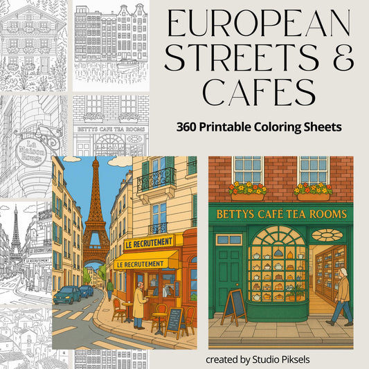 Printable Europe Travel Coloring Book Bundle featuring Paris, Italy, and France coloring pages for adults and kids with 360 pages of travel inspired designs