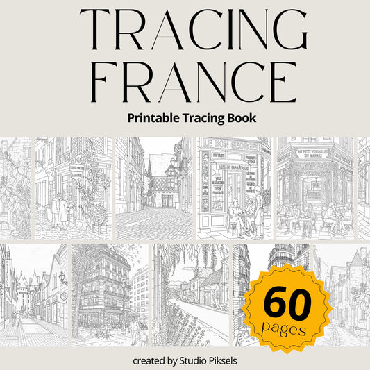 France Travel Tracing Book with Paris Tracing Pages, France Coloring Sheets, and Village Coloring Pages, designed for adult and kids tracing activities for printable use.