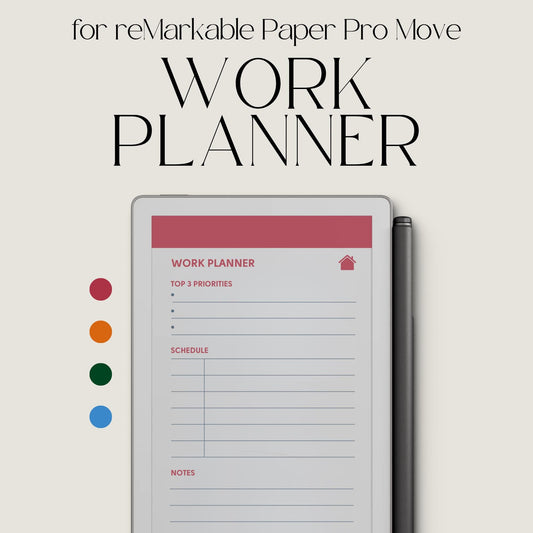 Hyperlinked priority work planner for reMarkable Paper Pro Move with clean layouts and structured productivity sections.