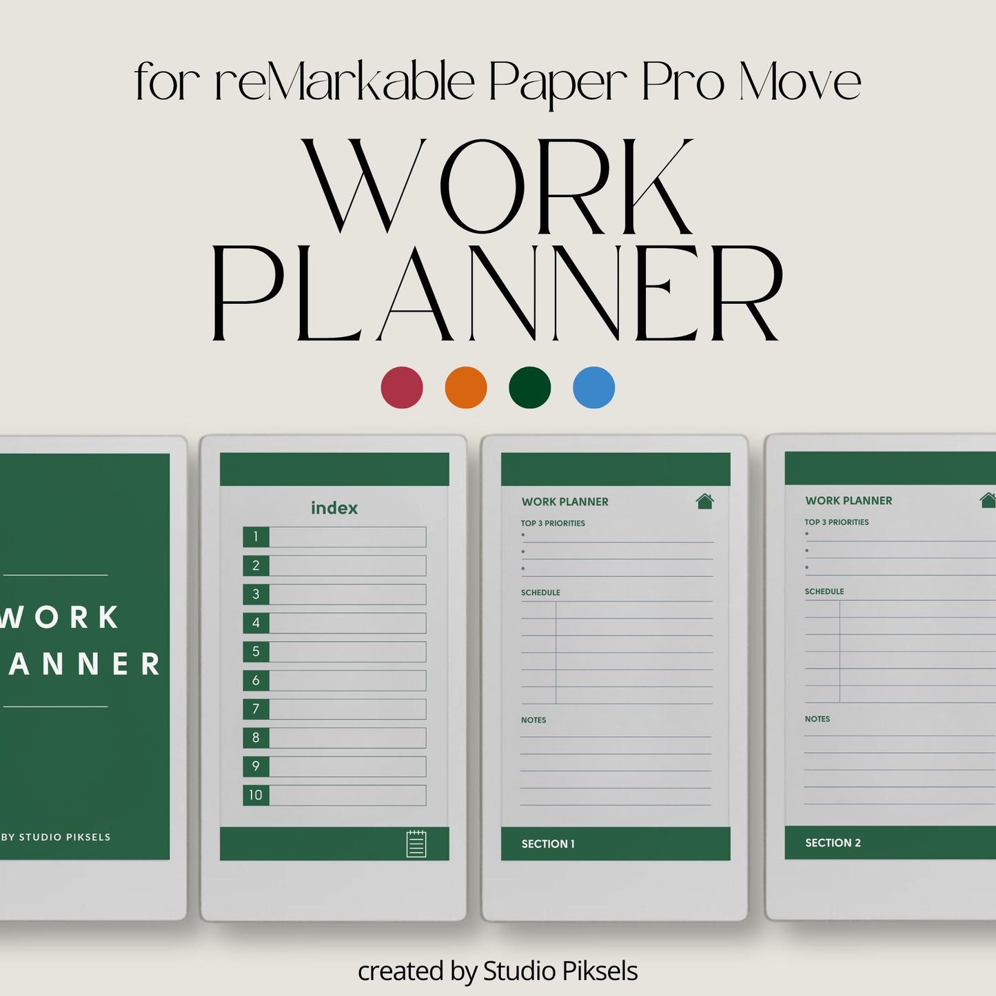 Hyperlinked priority work planner for reMarkable Paper Pro Move with clean layouts and structured productivity sections.