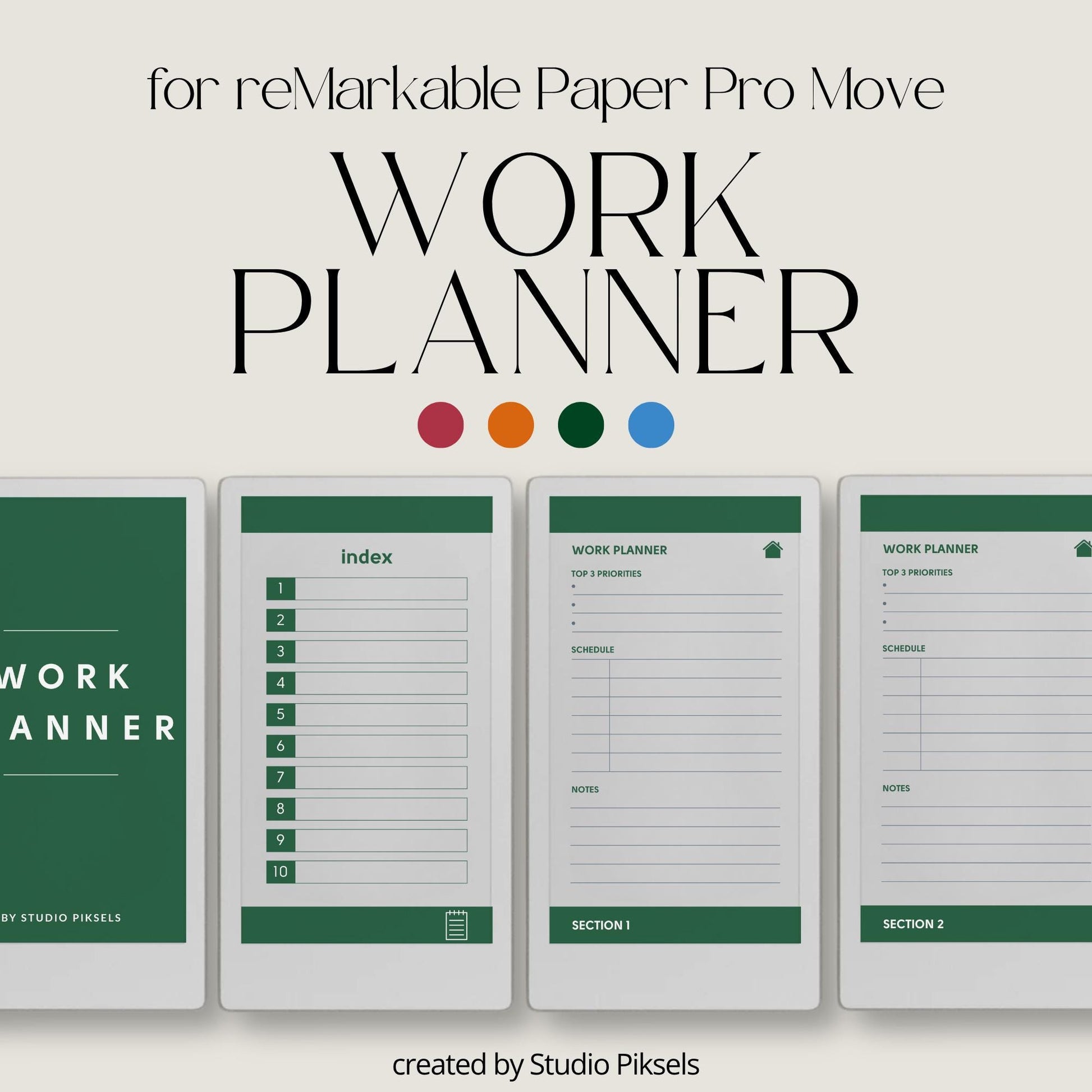 Hyperlinked priority work planner for reMarkable Paper Pro Move with clean layouts and structured productivity sections.