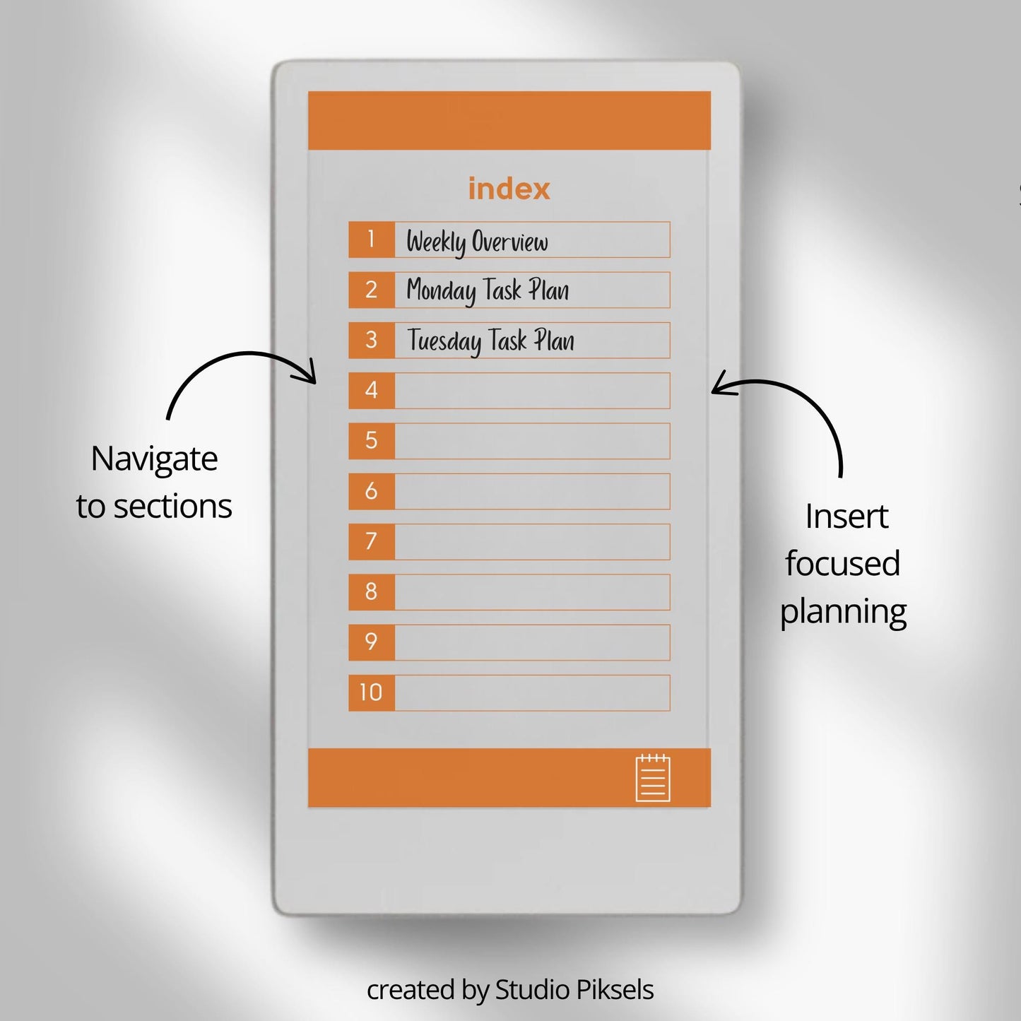 Hyperlinked priority work planner for reMarkable Paper Pro Move with clean layouts and structured productivity sections.