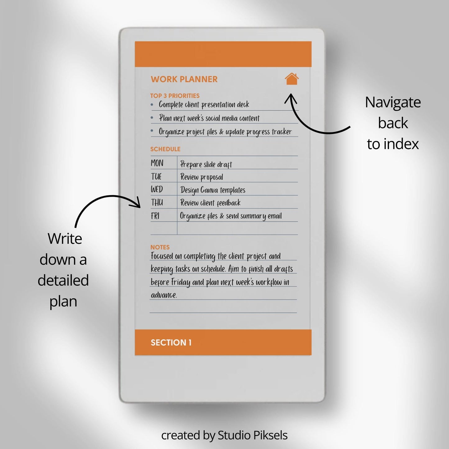Hyperlinked priority work planner for reMarkable Paper Pro Move with clean layouts and structured productivity sections.