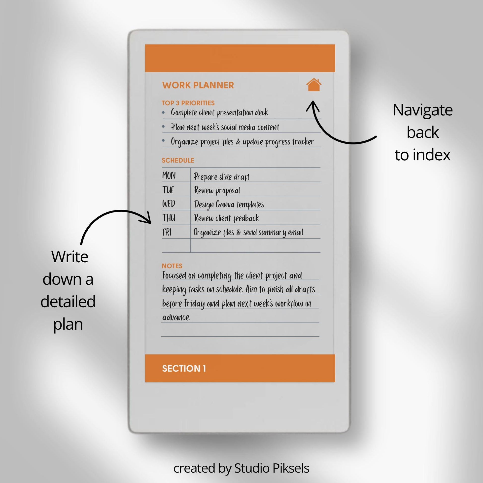 Hyperlinked priority work planner for reMarkable Paper Pro Move with clean layouts and structured productivity sections.