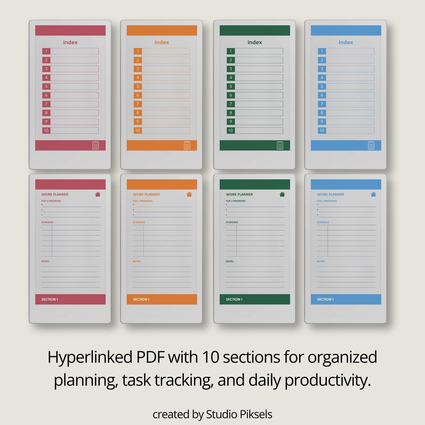Hyperlinked priority work planner for reMarkable Paper Pro Move with clean layouts and structured productivity sections.
