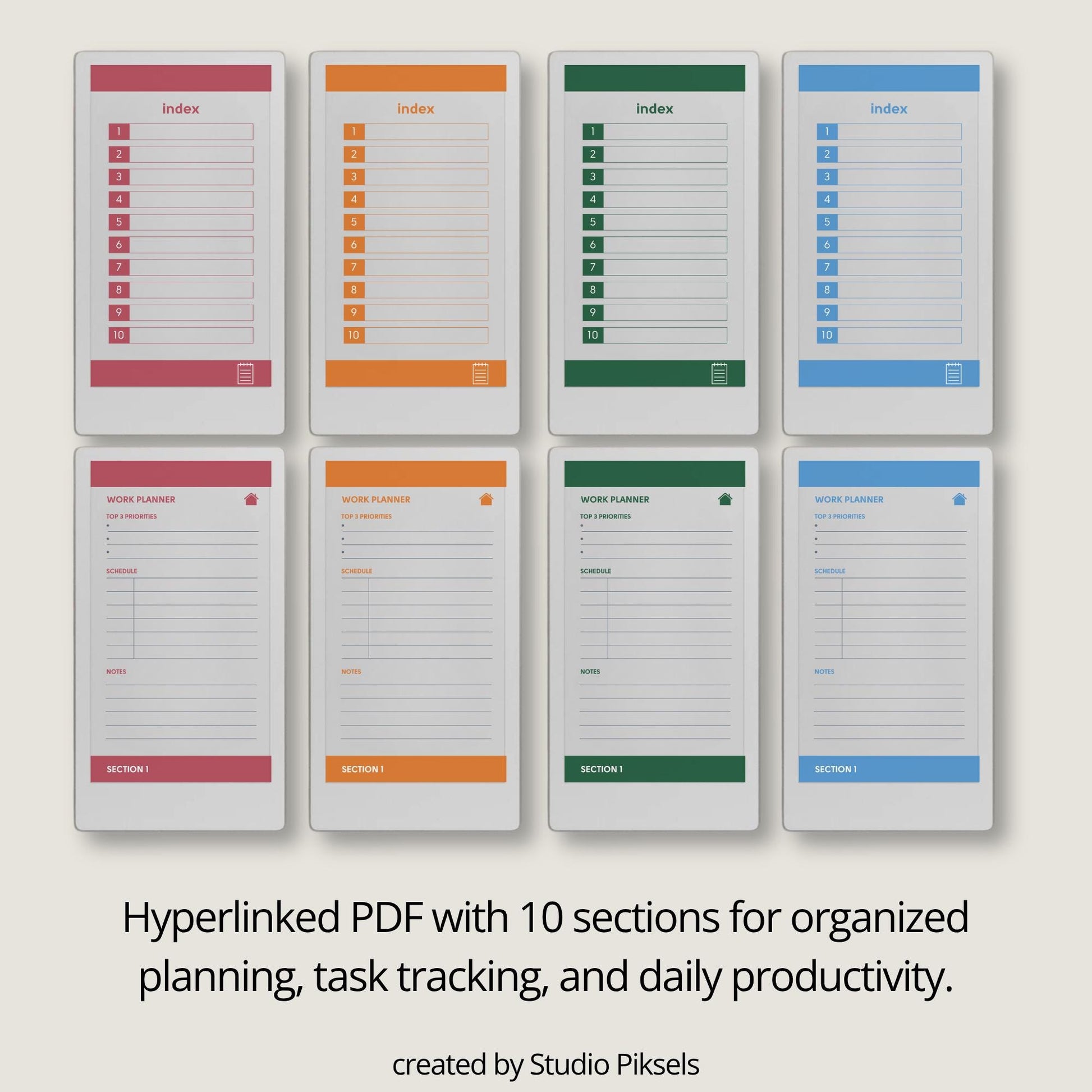 Hyperlinked priority work planner for reMarkable Paper Pro Move with clean layouts and structured productivity sections.