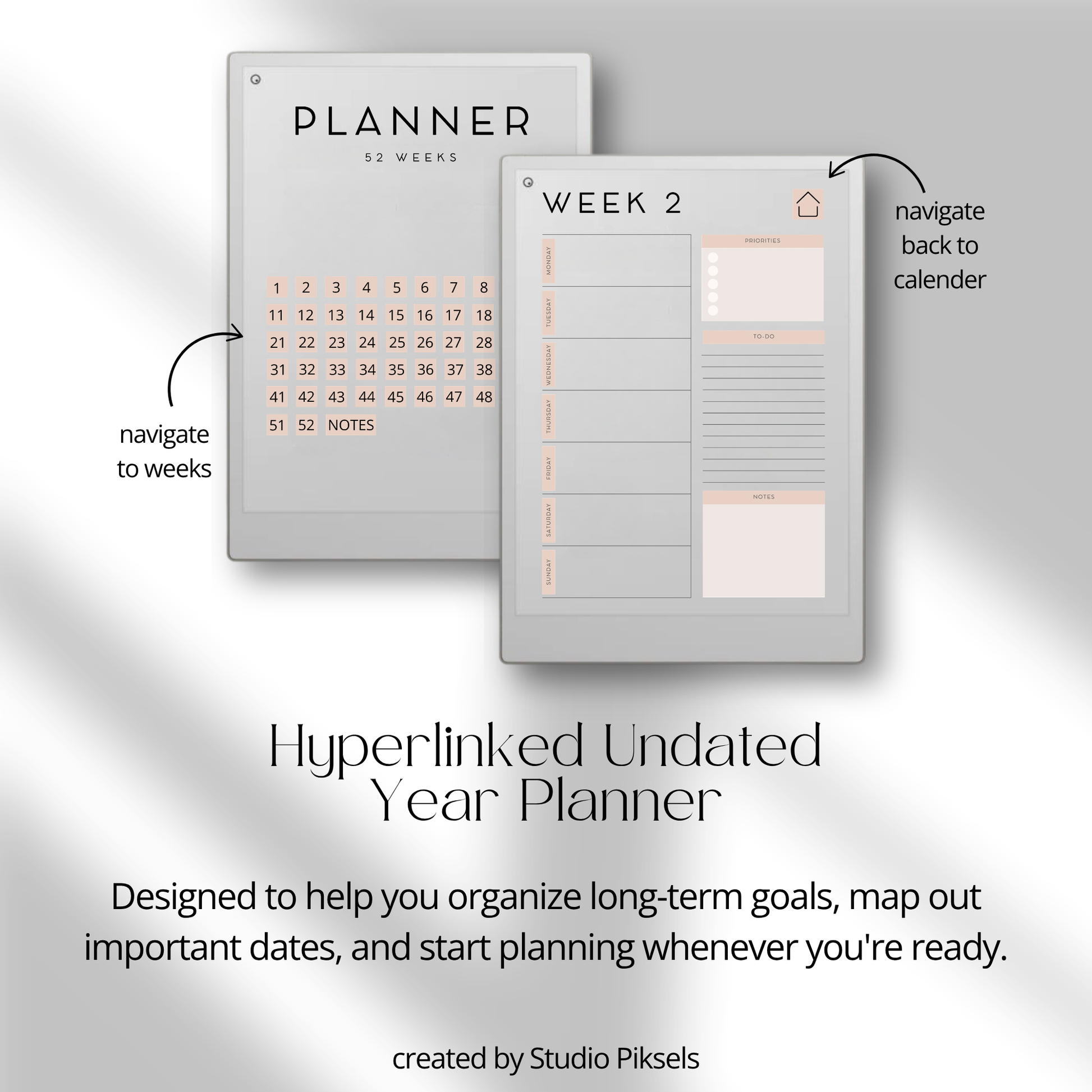 Hyperlinked undated year planner with two sample pages 