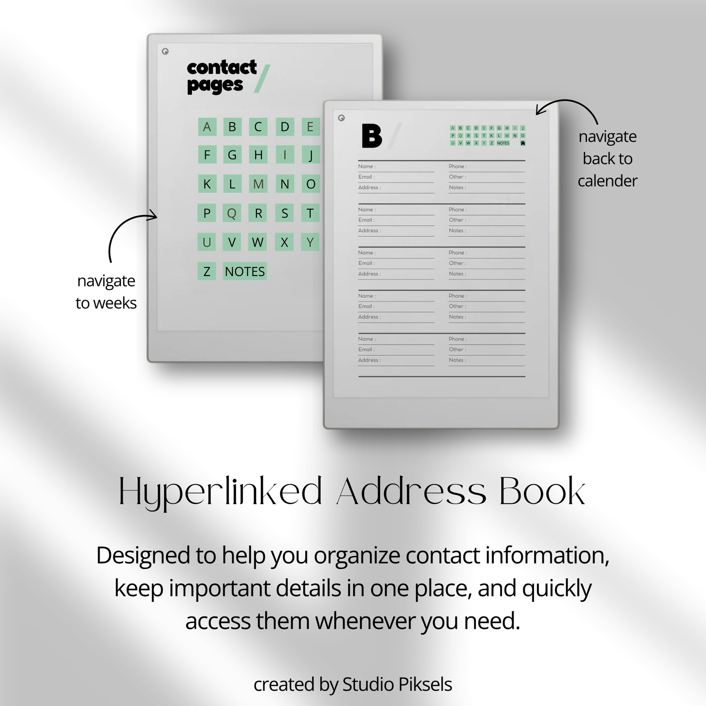 Hyperlinked Address Book for reMarkable with two sample pages showing navigation and contact pages and notes 