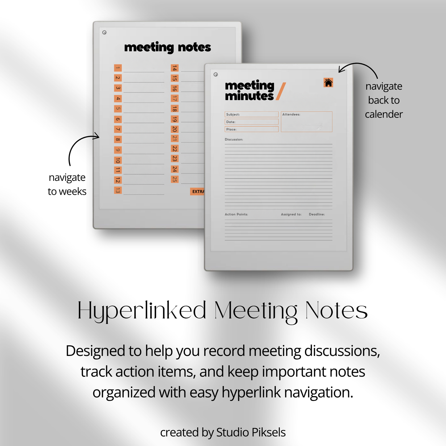 Hyperlinked meeting notes system for reMarkable with two sample pages showing navigation and recording features.