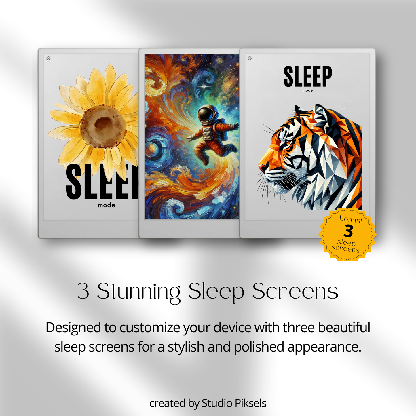 Three sleep screens for reMarkable with a sunflower, space-themed design, and tiger illustration on a gray background.