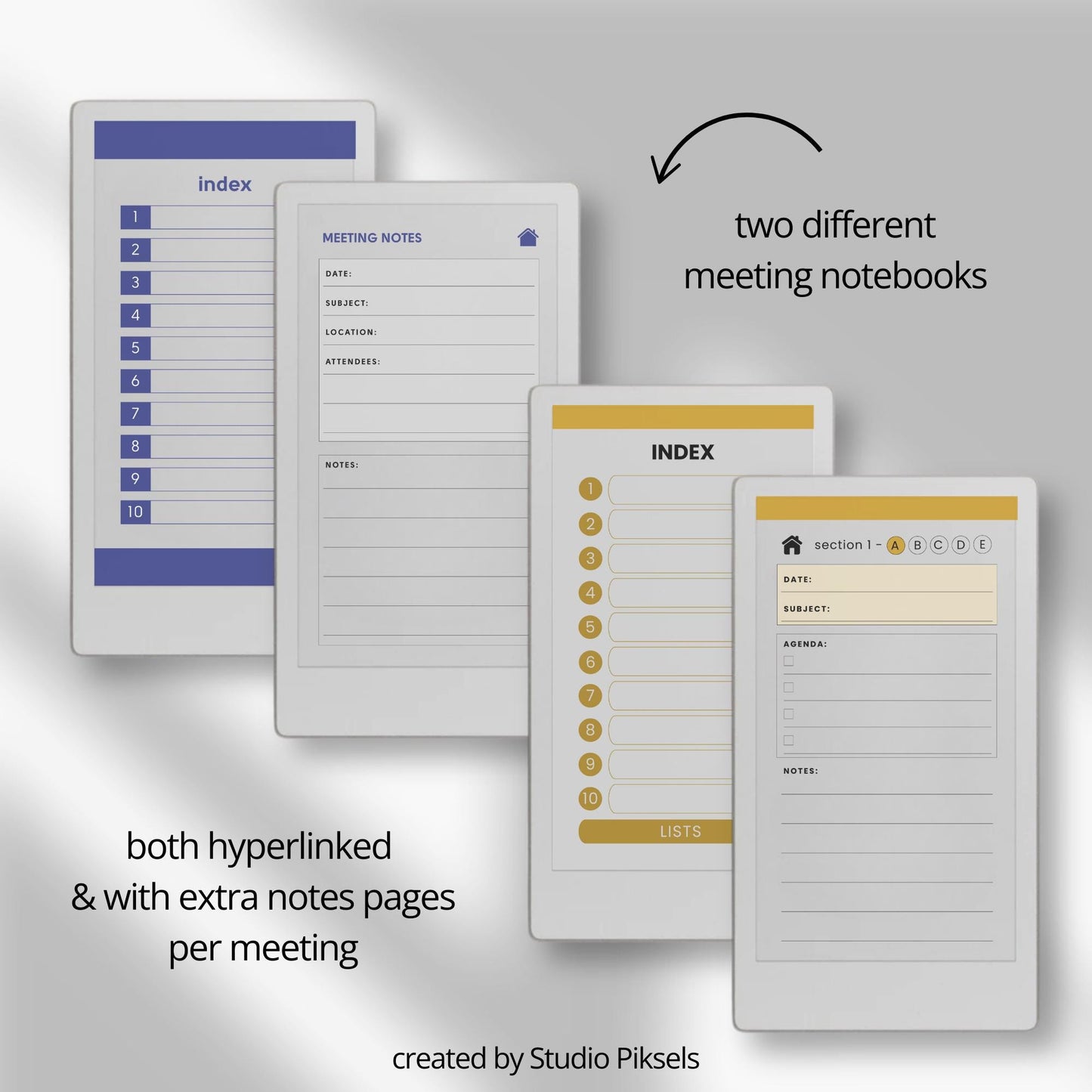 Productivity notebooks for reMarkable Paper Pro Move with 21 hyperlinked planners, trackers, notepads, and sticky notes for organized digital workflow.