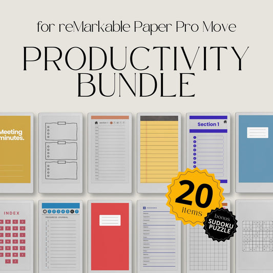 Productivity Notebooks for reMarkable Paper Pro Move with 21 hyperlinked planners, trackers, notepads, and sticky notes for organized digital workflow.