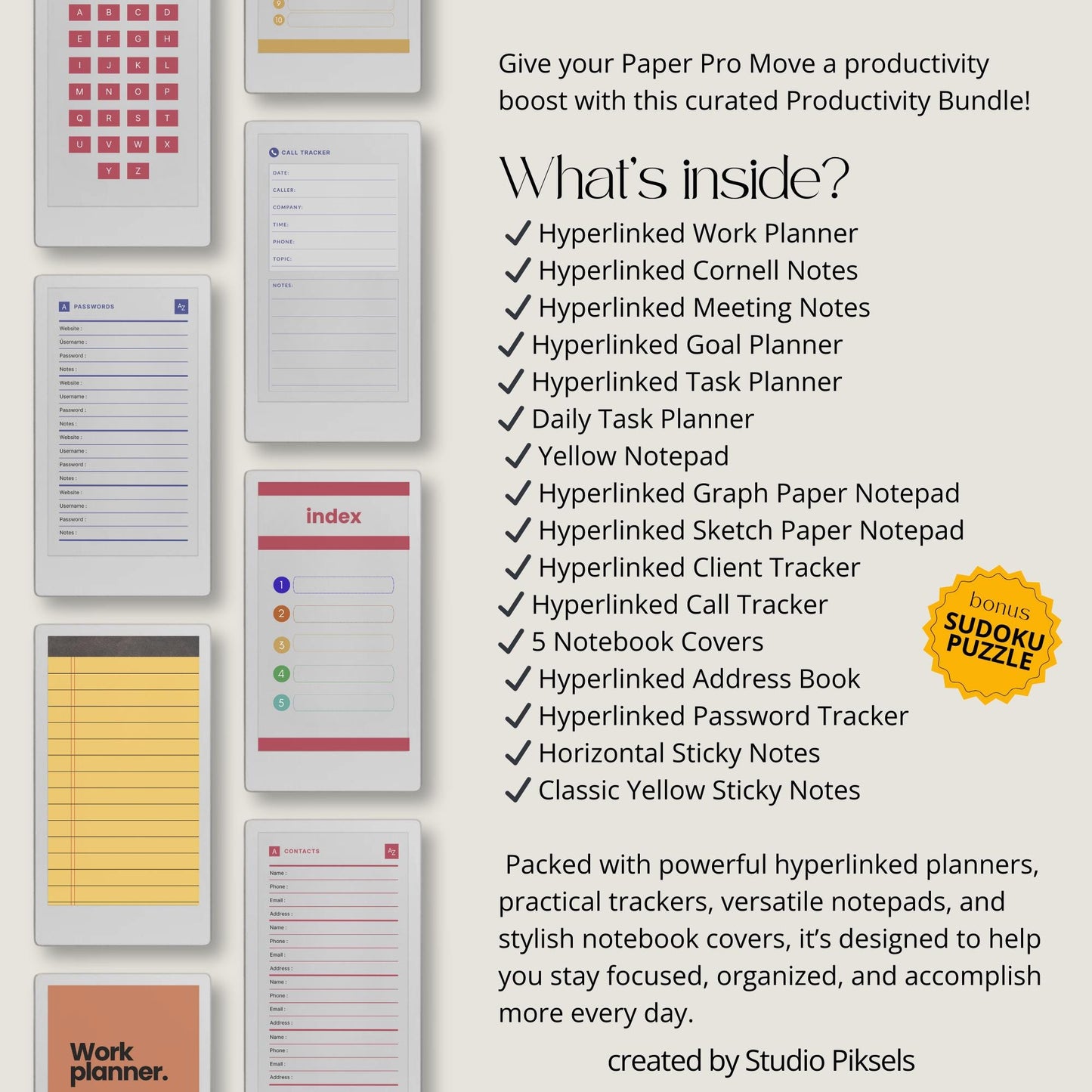 Productivity notebooks for reMarkable Paper Pro Move with 21 hyperlinked planners, trackers, notepads, and sticky notes for organized digital workflow.