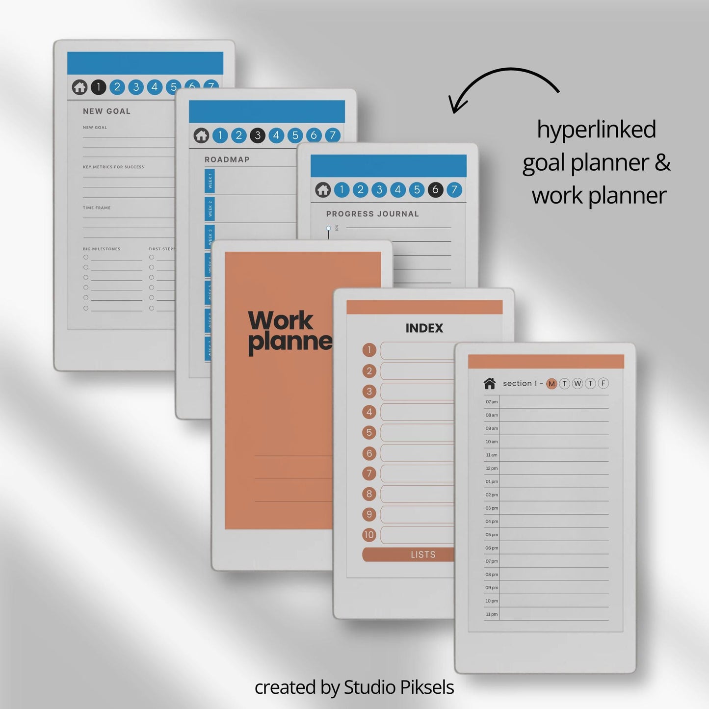 Productivity notebooks for reMarkable Paper Pro Move with 21 hyperlinked planners, trackers, notepads, and sticky notes for organized digital workflow.