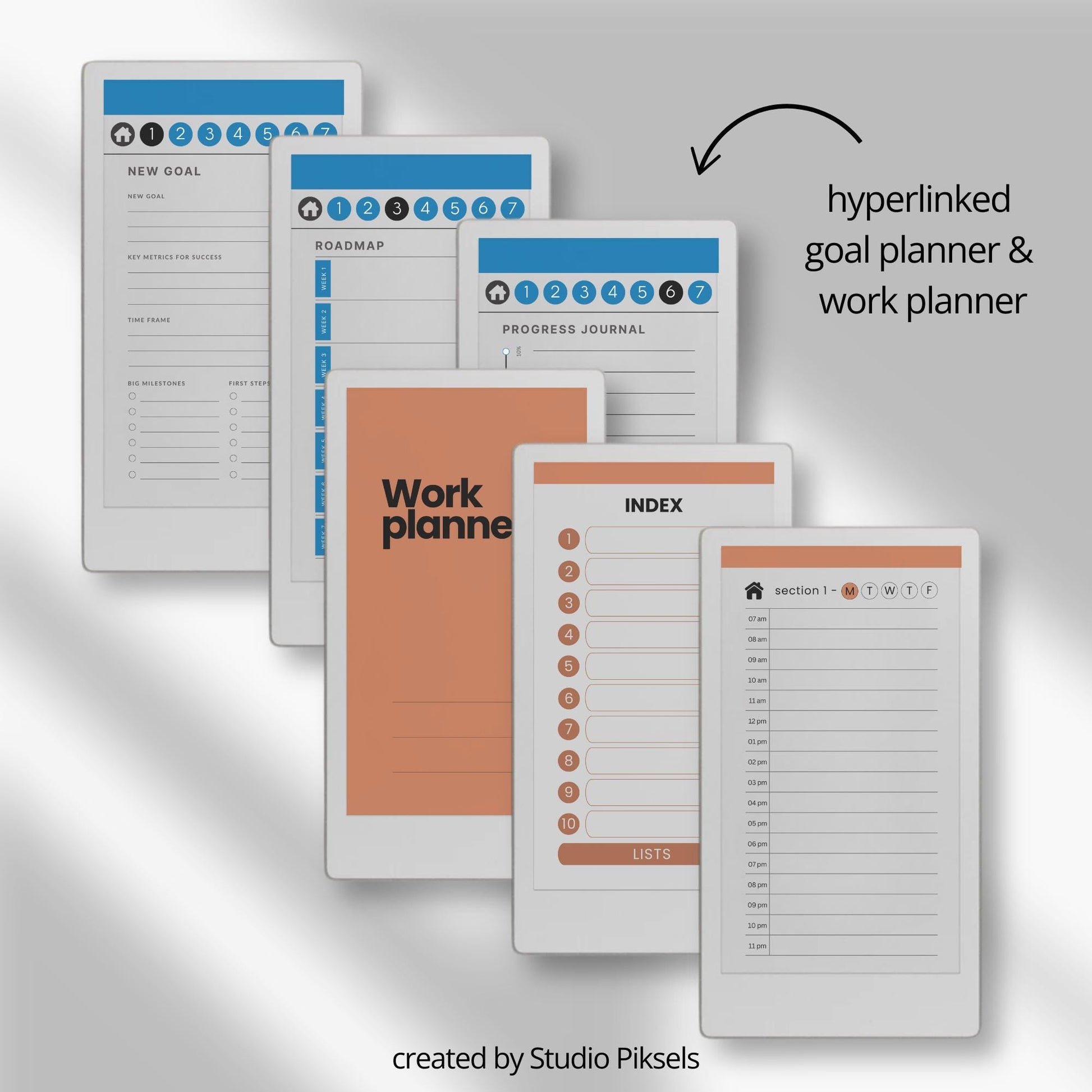 Productivity notebooks for reMarkable Paper Pro Move with 21 hyperlinked planners, trackers, notepads, and sticky notes for organized digital workflow.
