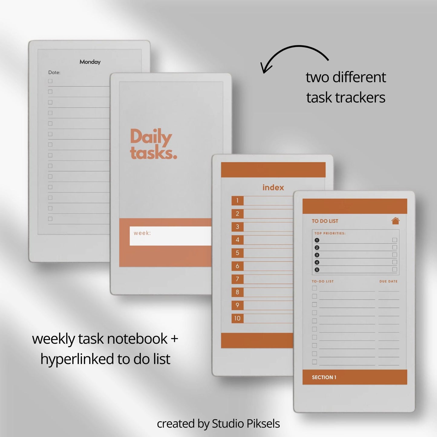 Productivity notebooks for reMarkable Paper Pro Move with 21 hyperlinked planners, trackers, notepads, and sticky notes for organized digital workflow.