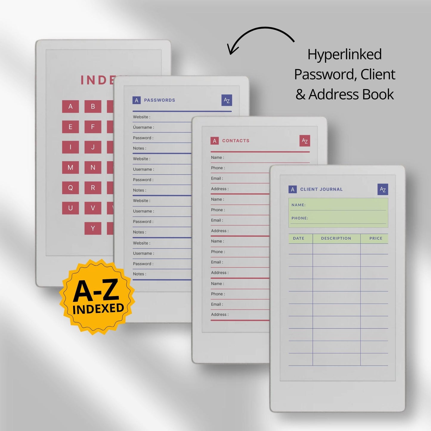 Productivity notebooks for reMarkable Paper Pro Move with 21 hyperlinked planners, trackers, notepads, and sticky notes for organized digital workflow.