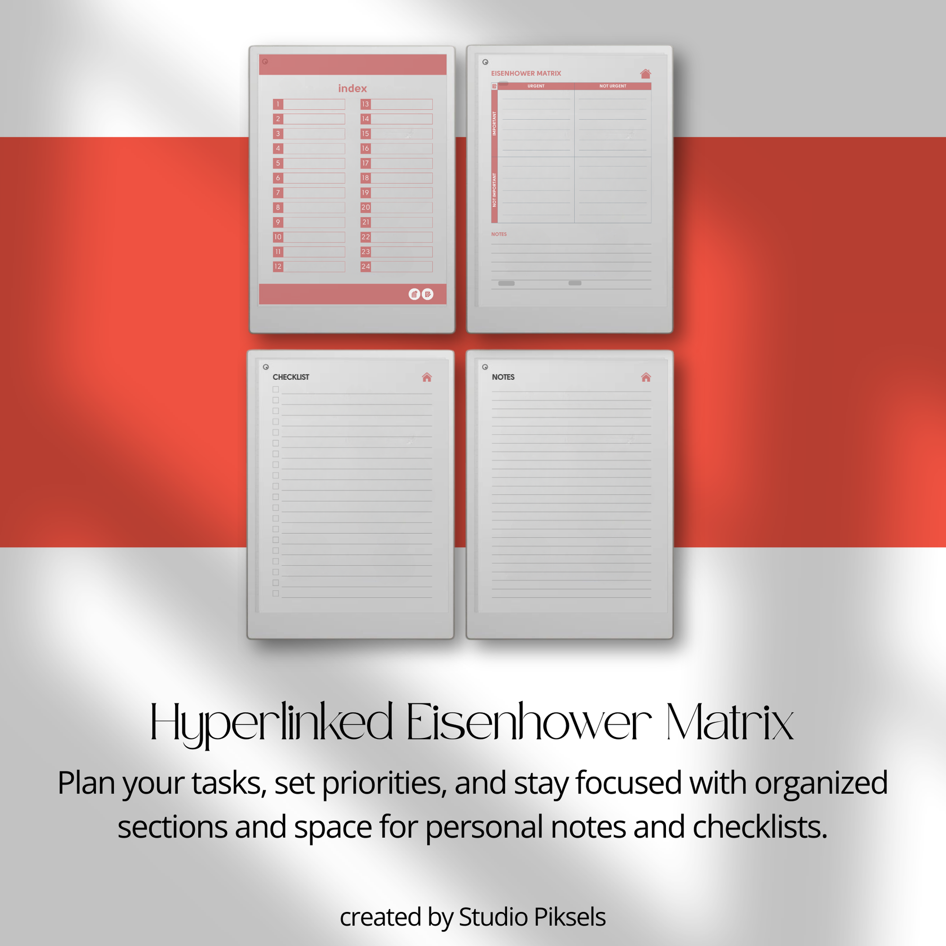Productivity Planner Bundle PDF for reMarkable Paper Pro Move with hyperlinked planners, time blocking pages, and focus tracking layouts.