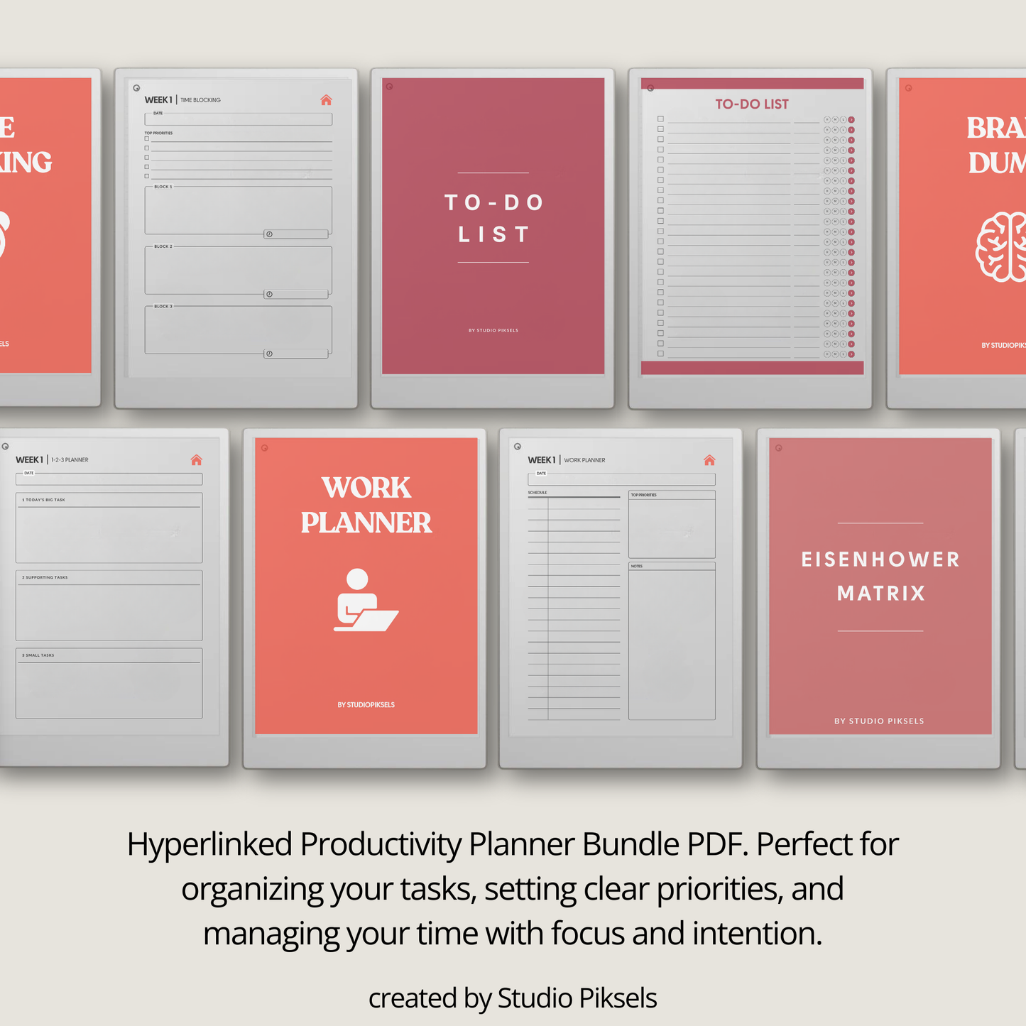 Productivity Planner Bundle PDF for reMarkable Paper Pro Move with hyperlinked planners, time blocking pages, and focus tracking layouts.