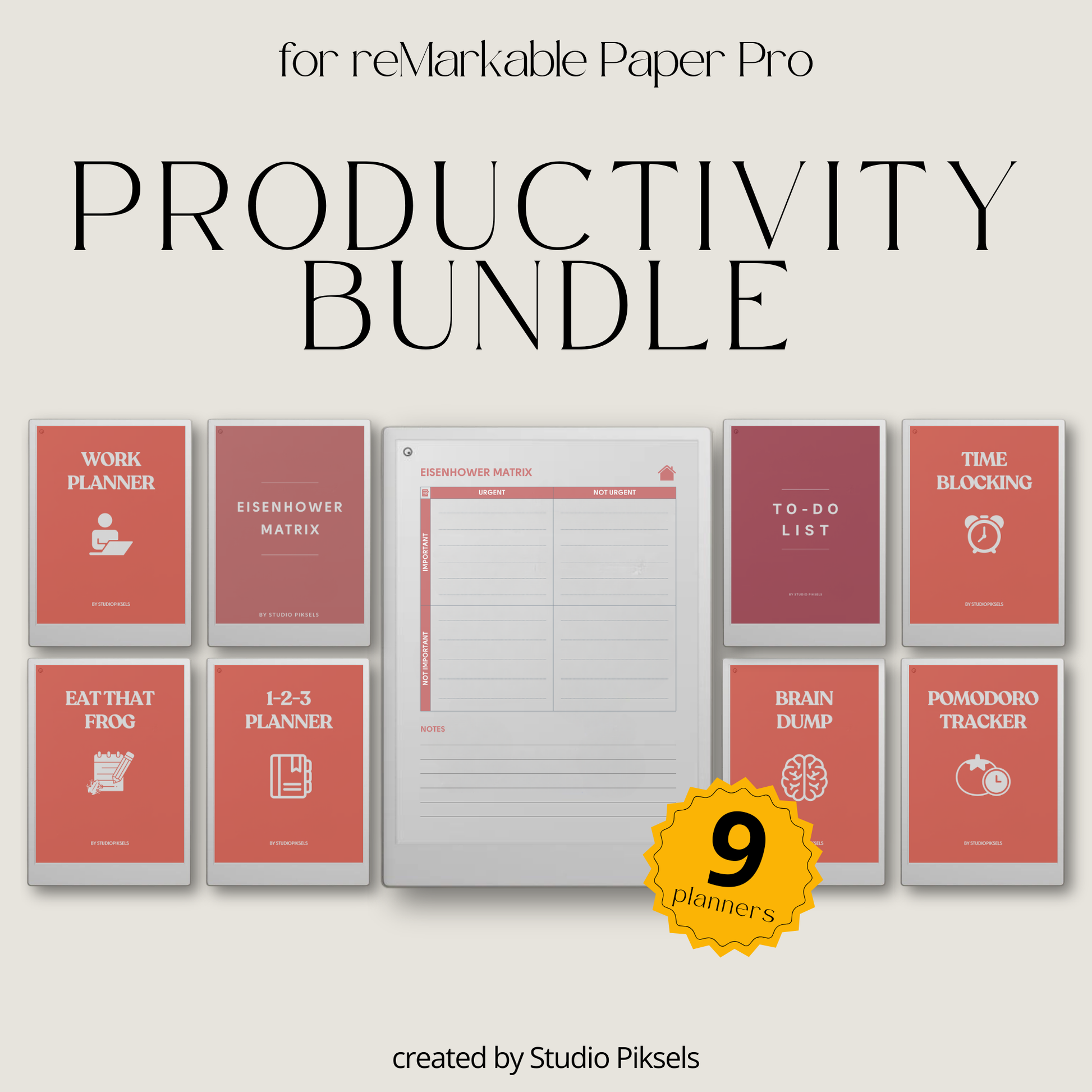 Productivity Planner Bundle PDF for reMarkable Paper Pro Move with hyperlinked planners, time blocking pages, and focus tracking layouts.