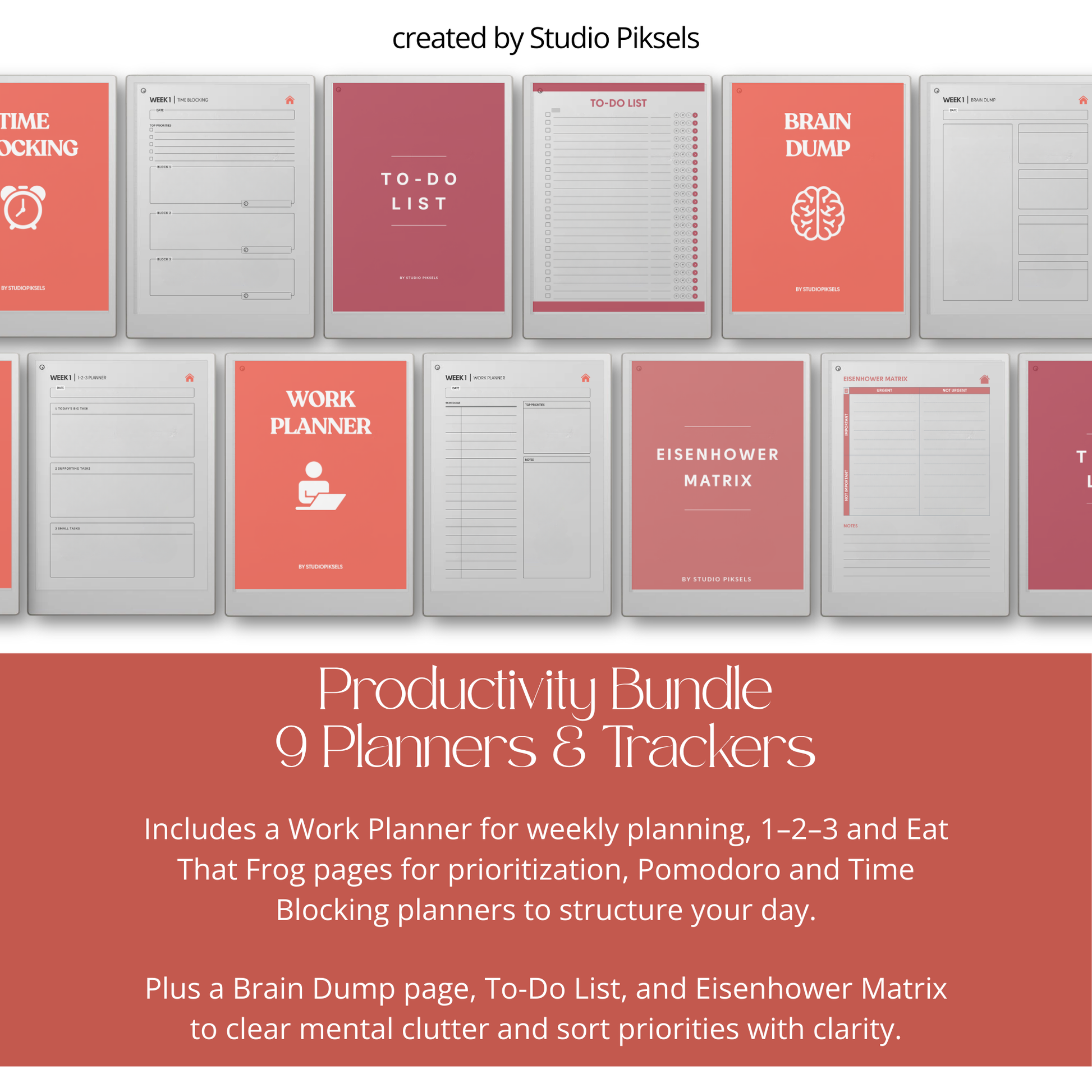Productivity Planner Bundle PDF for reMarkable Paper Pro Move with hyperlinked planners, time blocking pages, and focus tracking layouts.