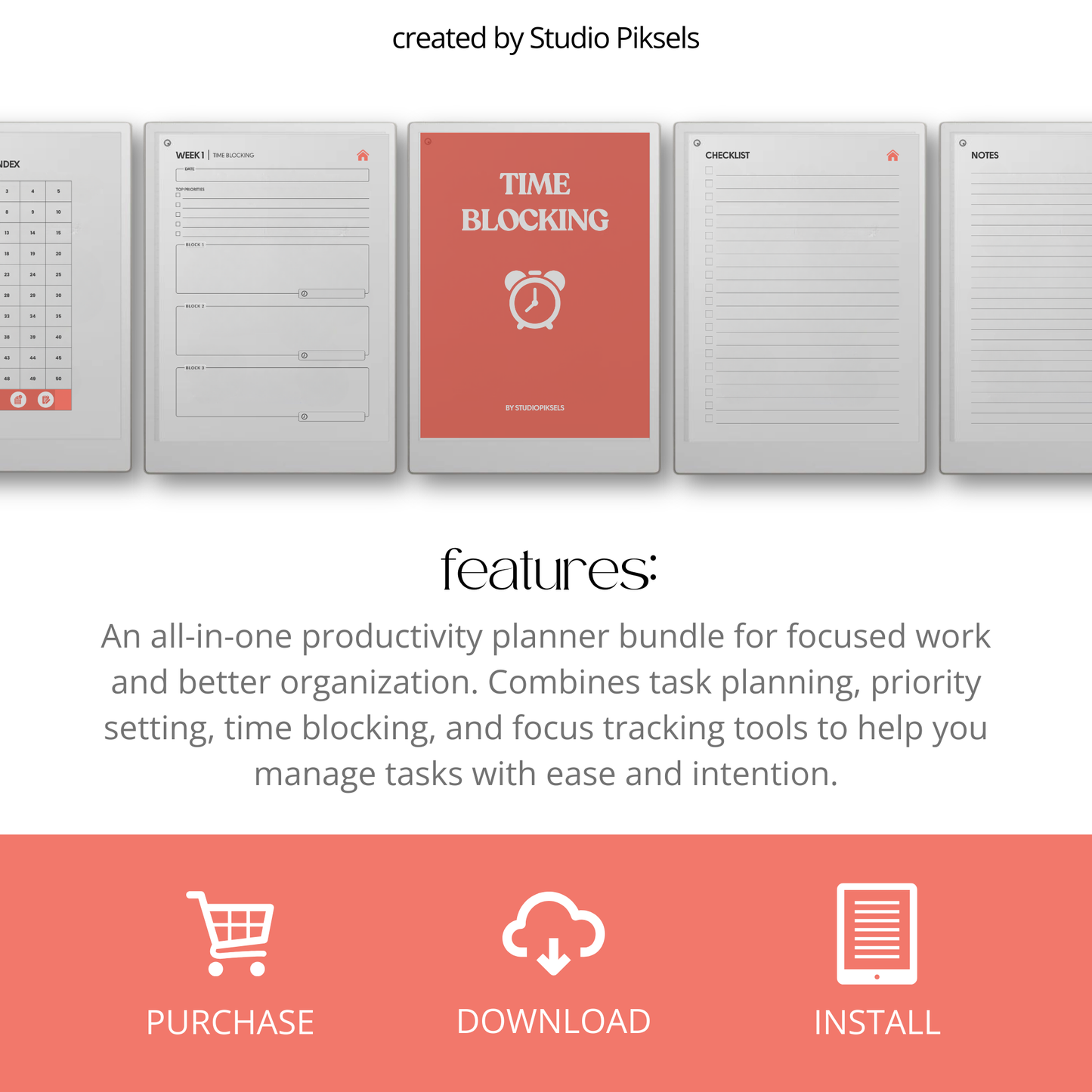 Productivity Planner Bundle PDF for reMarkable Paper Pro Move with hyperlinked planners, time blocking pages, and focus tracking layouts.