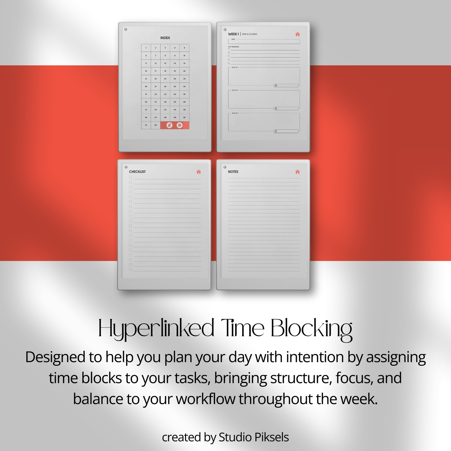 Productivity Planner Bundle PDF for reMarkable Paper Pro Move with hyperlinked planners, time blocking pages, and focus tracking layouts.