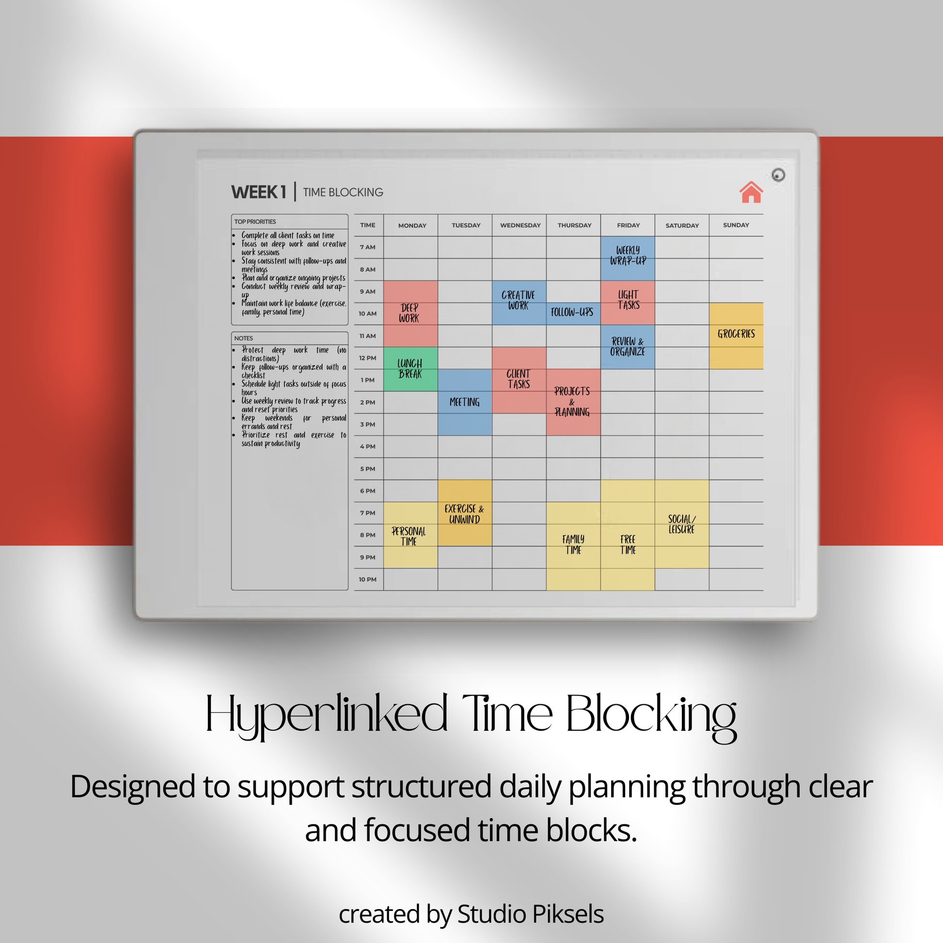 Productivity Planner Bundle PDF for reMarkable Paper Pro Move with hyperlinked planners, time blocking pages, and focus tracking layouts.