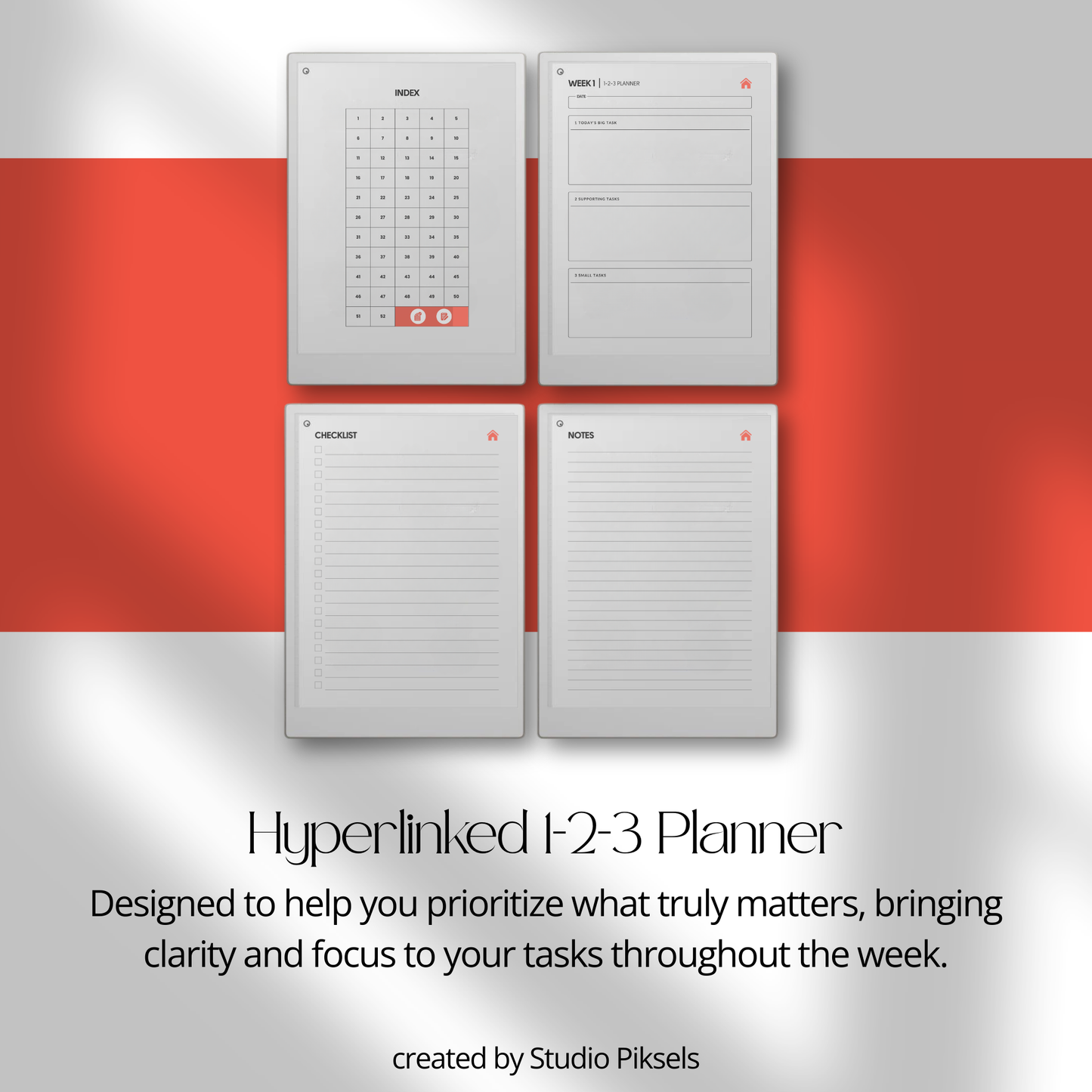 Productivity Planner Bundle PDF for reMarkable Paper Pro Move with hyperlinked planners, time blocking pages, and focus tracking layouts.