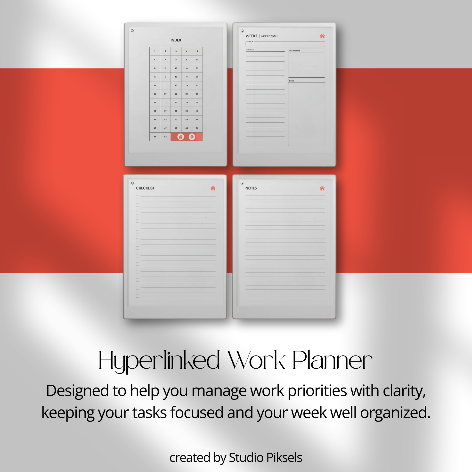 Productivity Planner Bundle PDF for reMarkable Paper Pro Move with hyperlinked planners, time blocking pages, and focus tracking layouts.