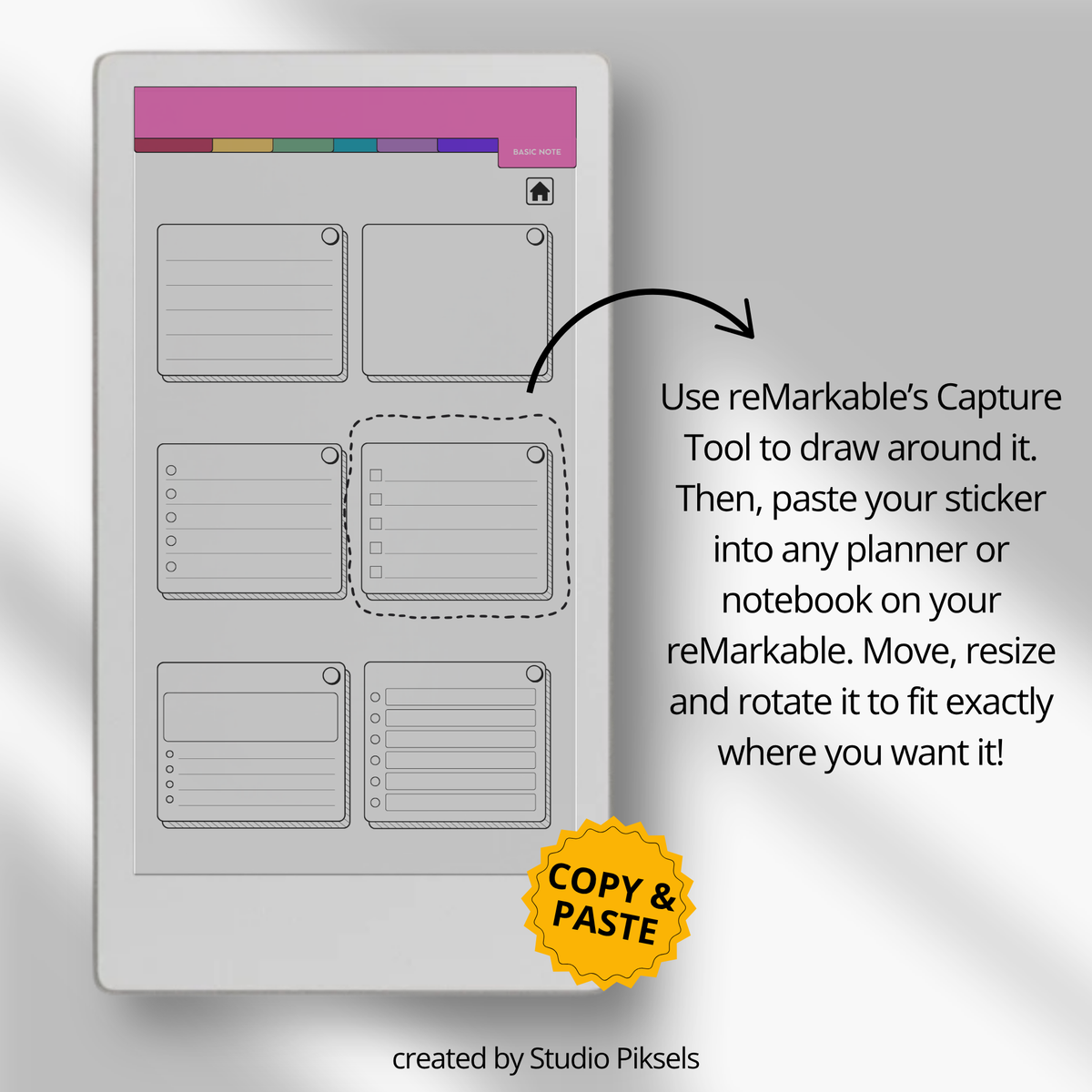 Productivity Widgets for reMarkable Paper Pro Move with task lists, schedules, goals, reminders, wellness and note-taking widgets for digital planning.