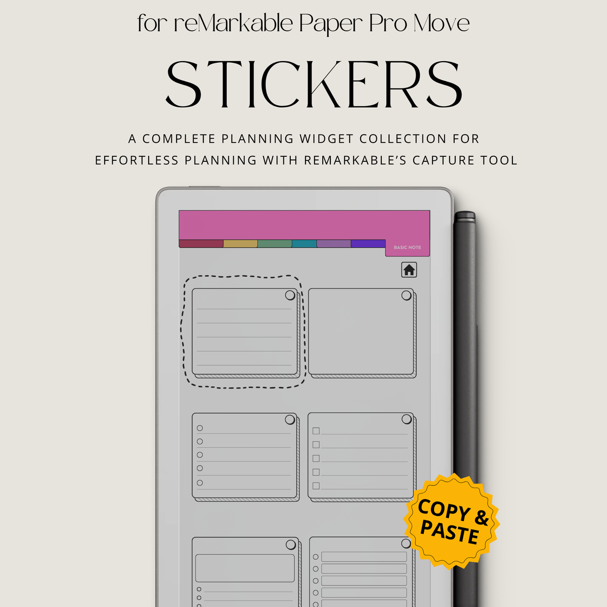 Productivity Widgets for reMarkable Paper Pro Move with task lists, schedules, goals, reminders, wellness and note-taking widgets for digital planning.