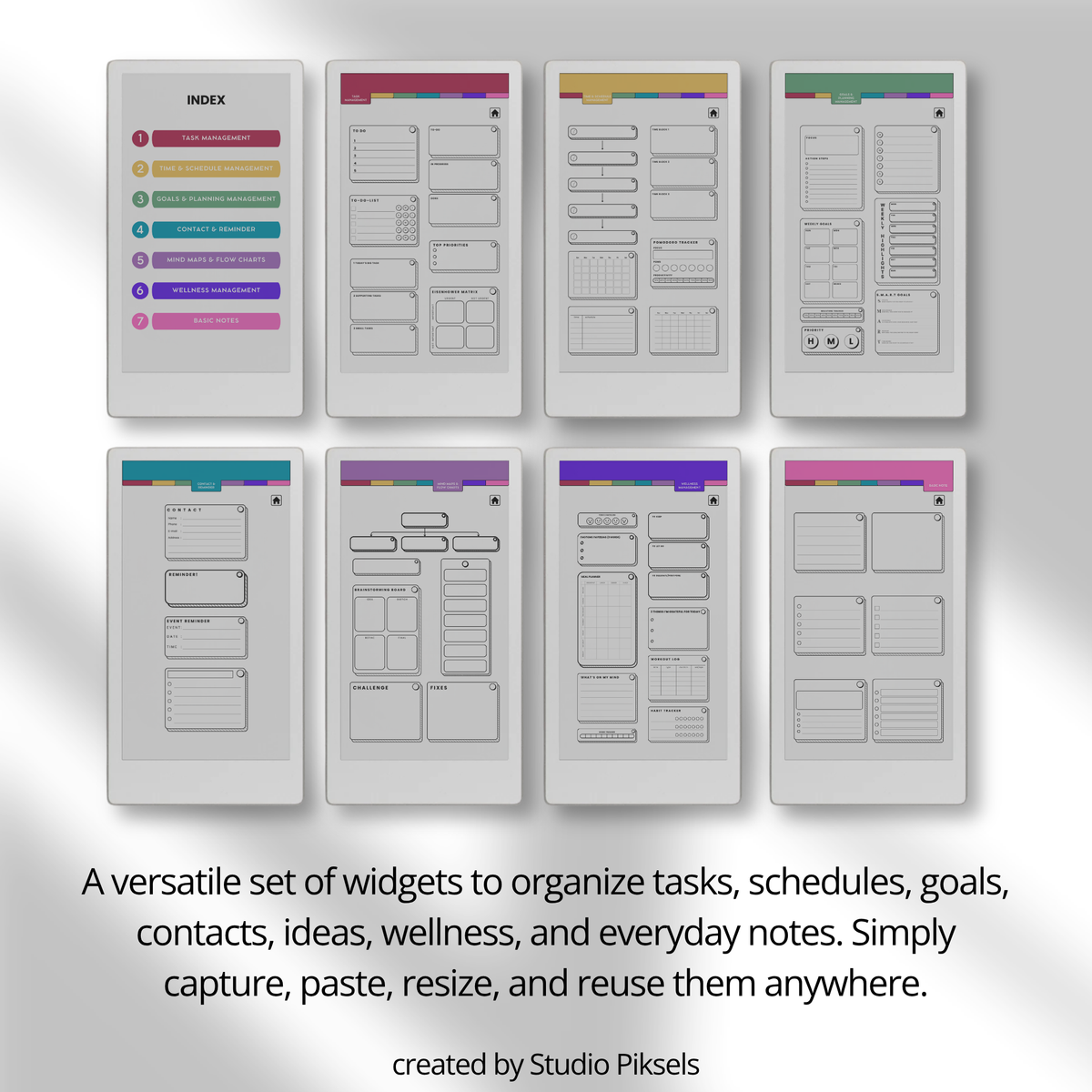 Productivity Widgets for reMarkable Paper Pro Move with task lists, schedules, goals, reminders, wellness and note-taking widgets for digital planning.