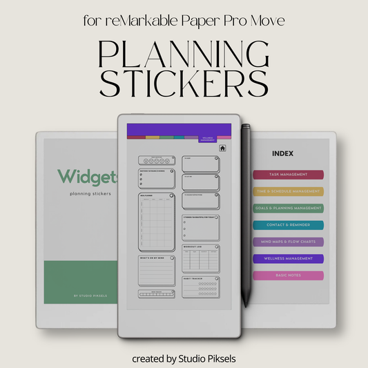 Productivity Widgets for reMarkable Paper Pro Move with task lists, schedules, goals, reminders, wellness and note-taking widgets for digital planning.