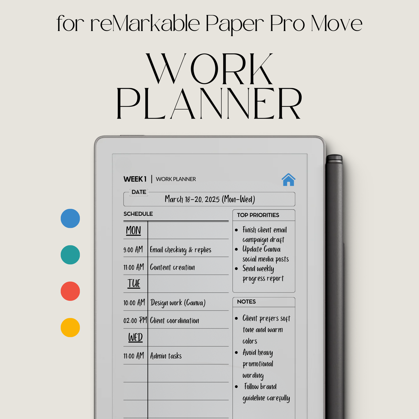Hyperlinked work planner PDF for reMarkable Paper Pro Move with weekly layout, checklist, and note pages.