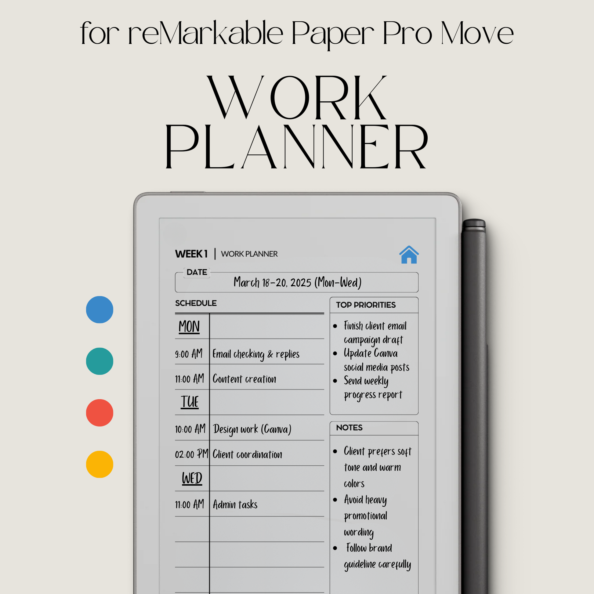 Hyperlinked work planner PDF for reMarkable Paper Pro Move with weekly layout, checklist, and note pages.