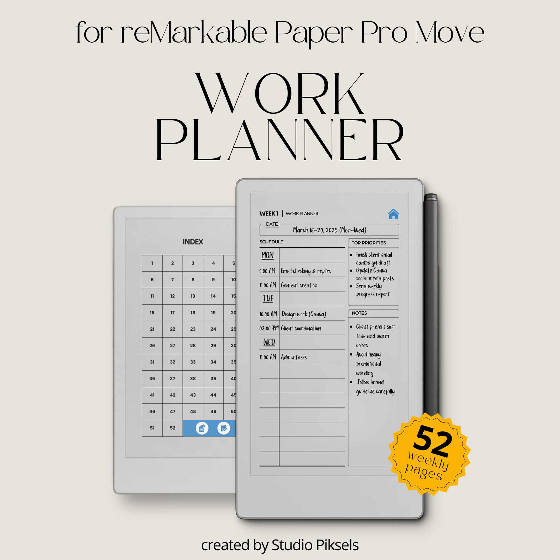 Hyperlinked work planner PDF for reMarkable Paper Pro Move with weekly layout, checklist, and note pages.