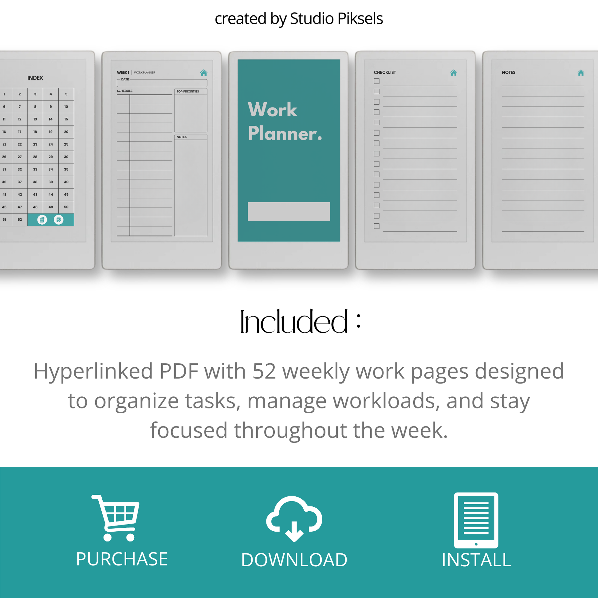 Hyperlinked work planner PDF for reMarkable Paper Pro Move with weekly layout, checklist, and note pages.