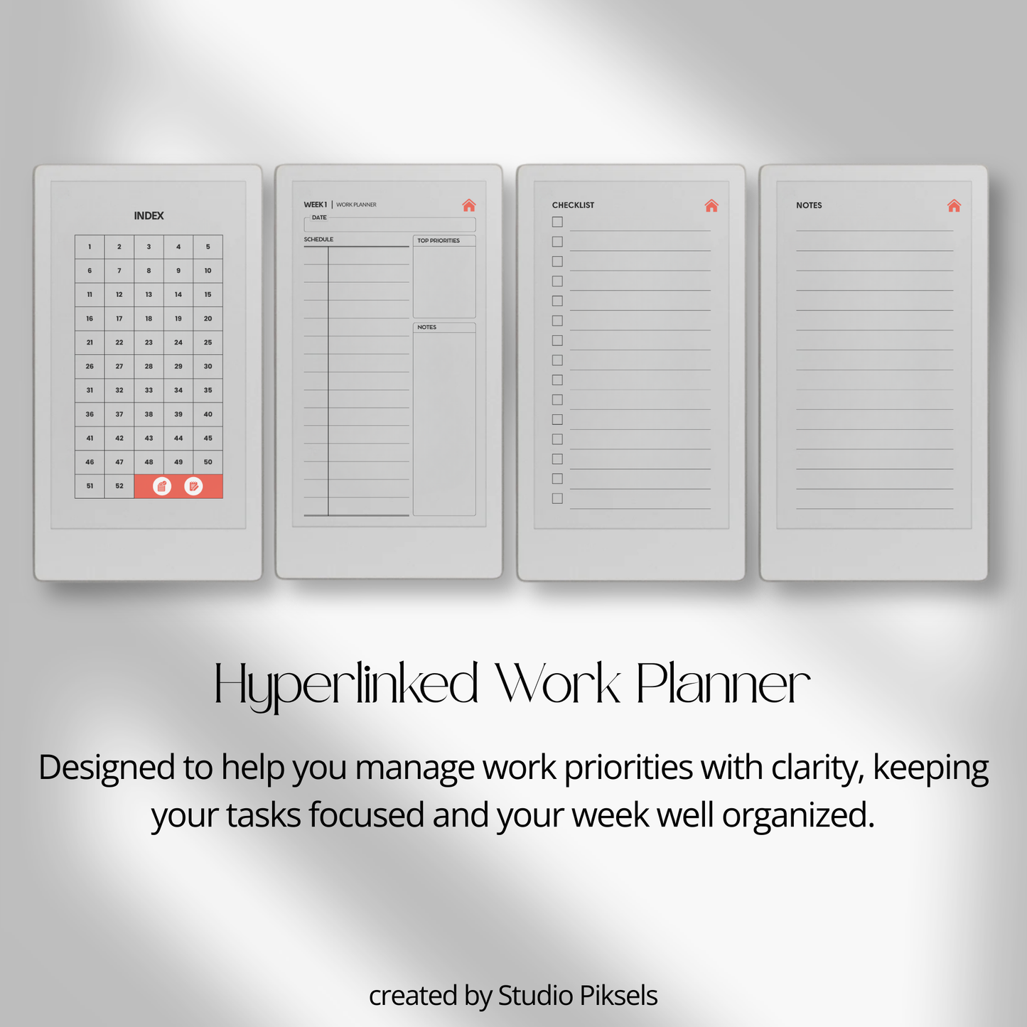 Hyperlinked work planner PDF for reMarkable Paper Pro Move with weekly layout, checklist, and note pages.