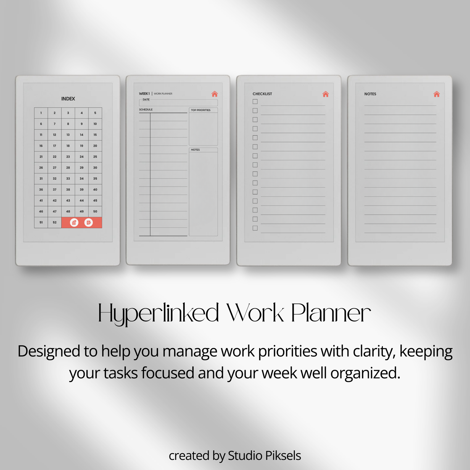 Hyperlinked work planner PDF for reMarkable Paper Pro Move with weekly layout, checklist, and note pages.