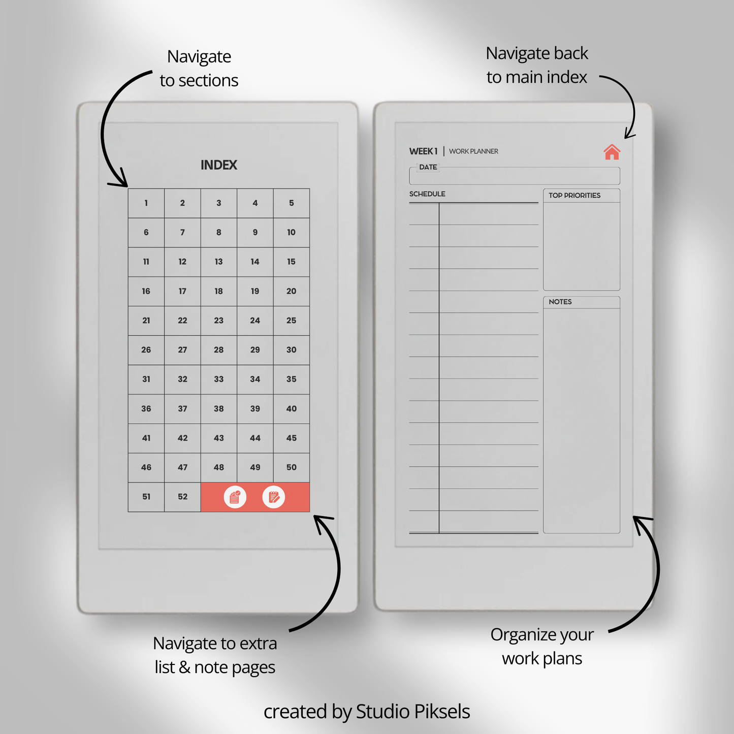 Hyperlinked work planner PDF for reMarkable Paper Pro Move with weekly layout, checklist, and note pages.