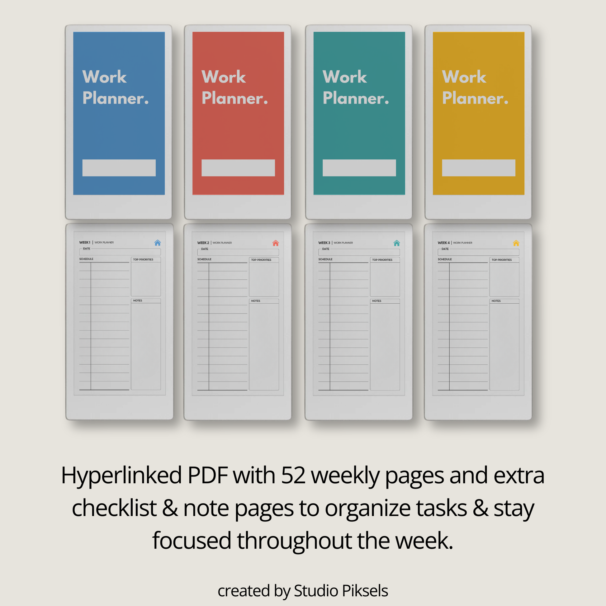 Hyperlinked work planner PDF for reMarkable Paper Pro Move with weekly layout, checklist, and note pages.