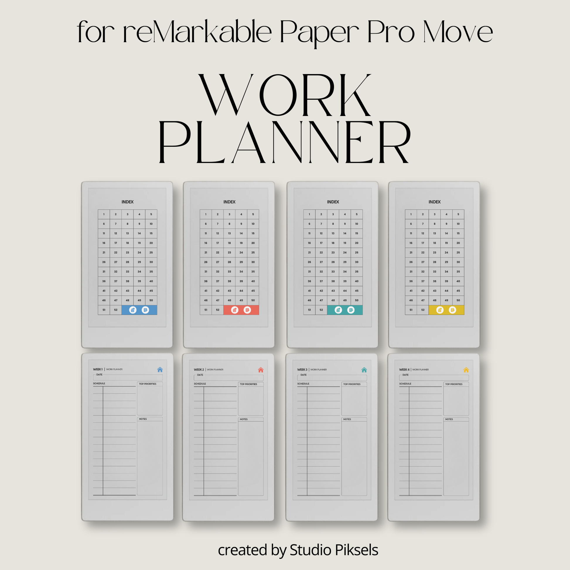 Hyperlinked work planner PDF for reMarkable Paper Pro Move with weekly layout, checklist, and note pages.
