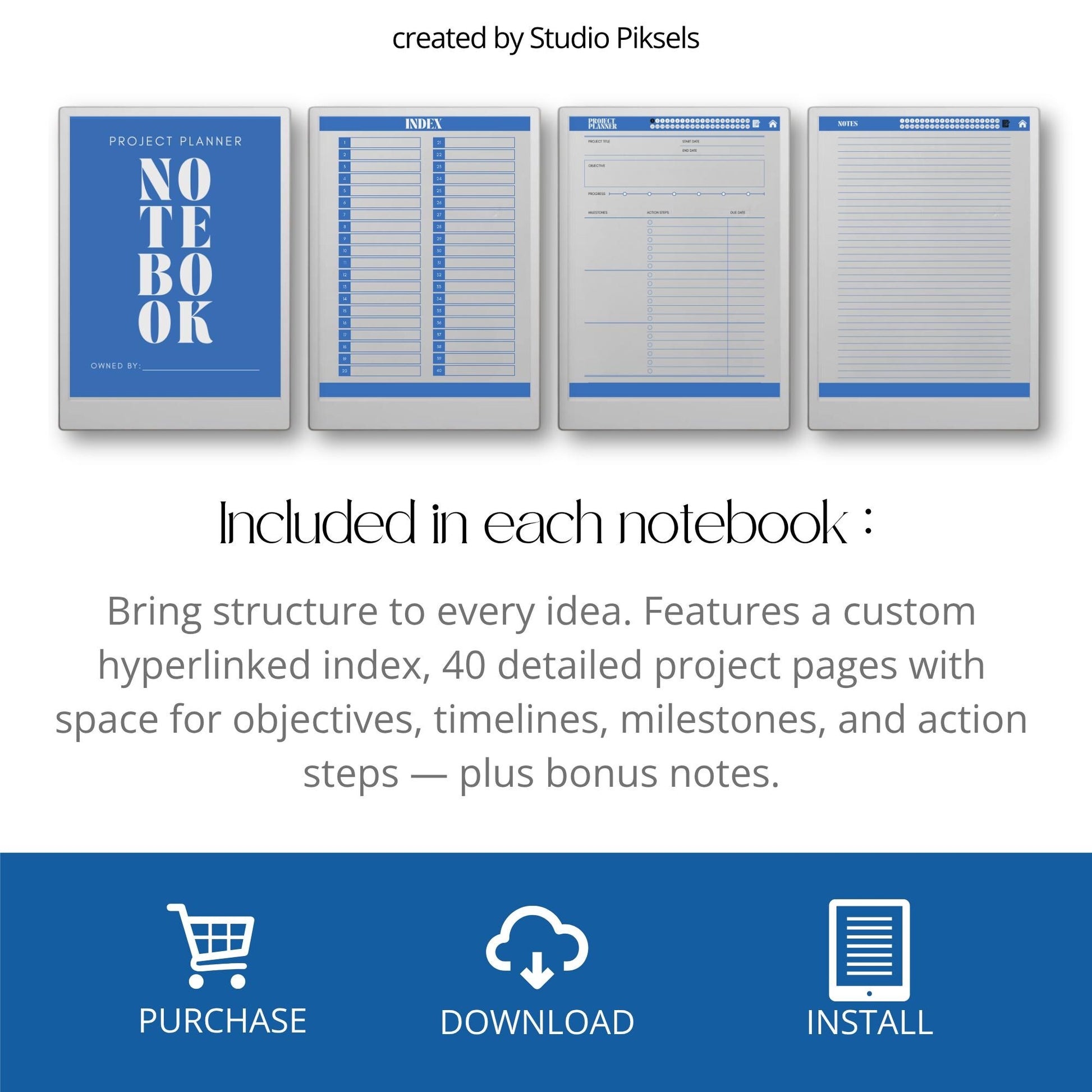 Project planner for reMarkable Paper Pro with hyperlinked project pages.