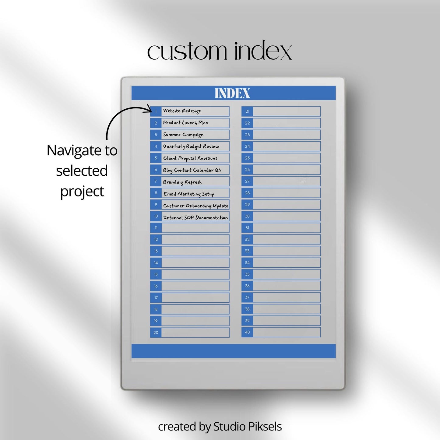 Project planner for reMarkable Paper Pro with hyperlinked project pages.