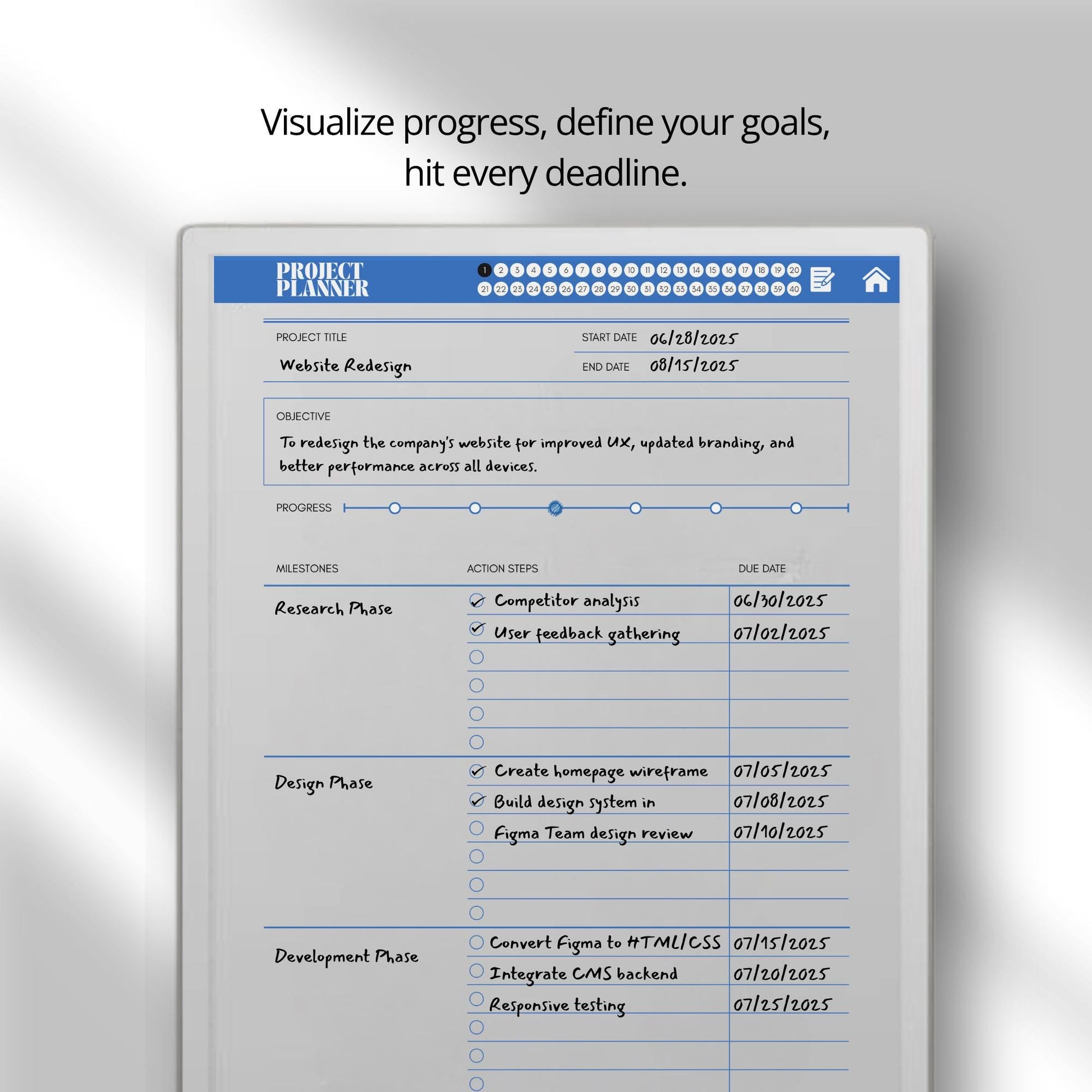 Project planner for reMarkable Paper Pro with hyperlinked project pages.